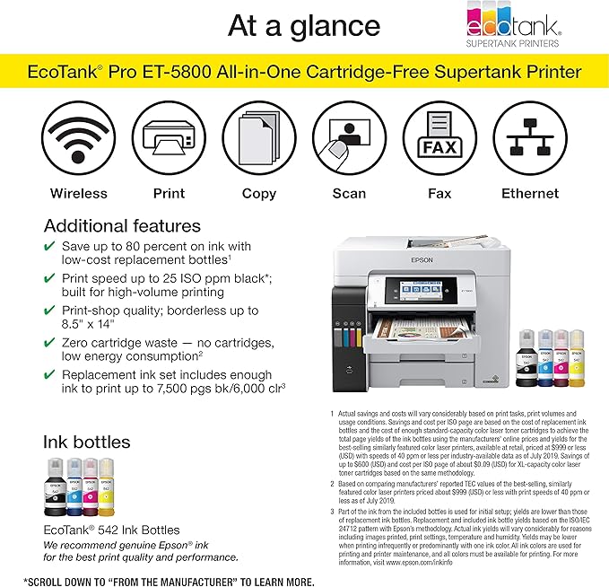 Epson EcoTank Pro ET-5800 Wireless Color All-in-One Supertank Printer with Scanner, Copier, Fax and Ethernet, White