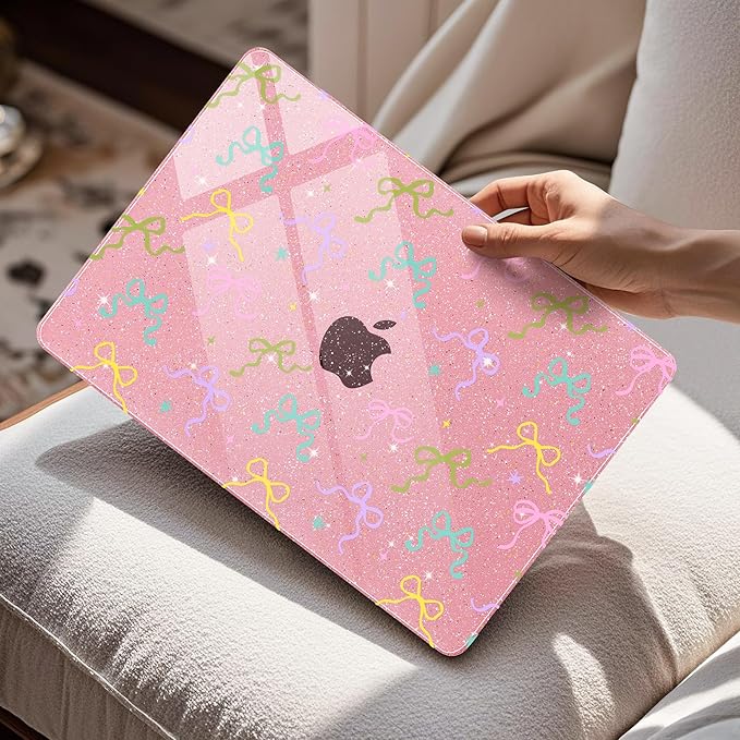 Mektron Compatible with M4 MacBook Air 15 inch Case 2025 A3241 2024 2023 M3 A3114 A2941 M2 Liquid Retina Display Touch ID, Plastic Hard Case & Keyboard Skin - Gilitter Pink Colorful Bows
