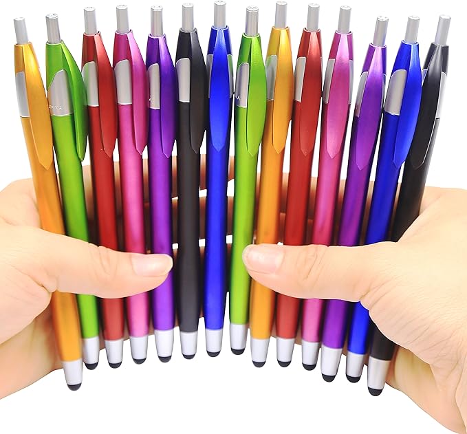 Skoloo Electronic Screen Touch Stylus,14 Pack 2 in 1 Slim Long Click Ink Stylus Ballpoint Pen For Universal Android Touch Screen Tablet Smartphone, Google Nexus, Samsung Galaxy, HTC, Multi-colored