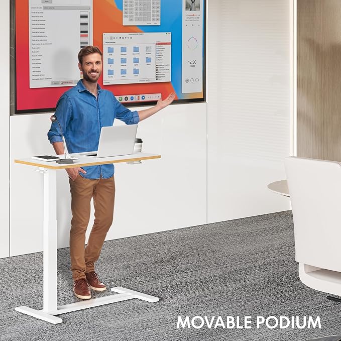 FLEXISPOT Mobile Standing Desk with Wheels Pneumatic Laptop Rolling Computer Cart Movable Height Adjustable Small Sit Stand Desk Computer Workstations Home Use（31.5" W x 17.7" D,White+Maple