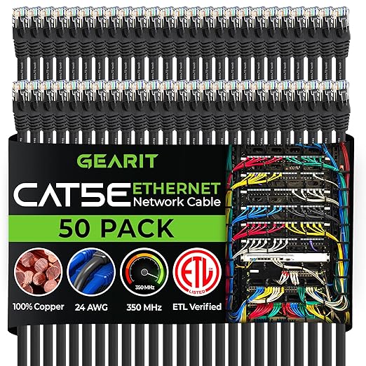GearIt 50-Pack, Cat5e Ethernet Patch Cable 1 Foot - Snagless RJ45 Computer LAN Network Cord, Black