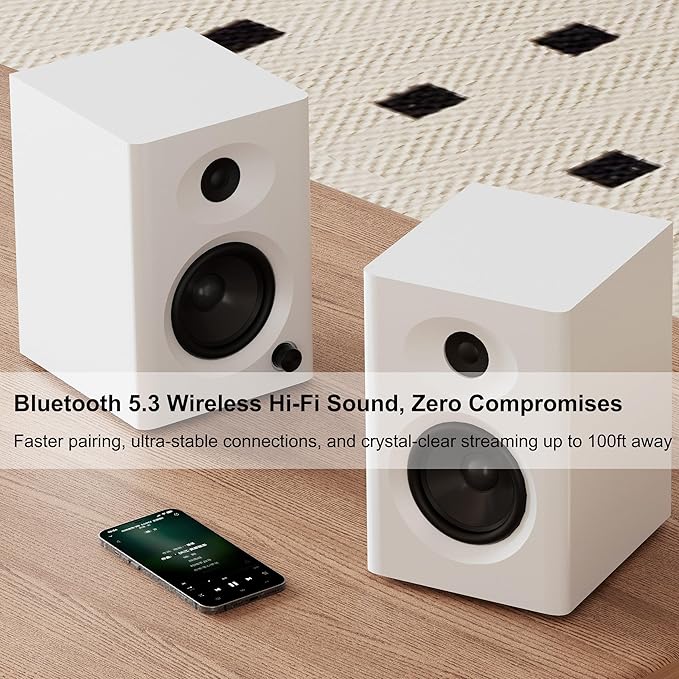 Computer Speakers for Desktop PC, 60W Powerful Sound with Deep Bass & Clear Treble – Compact Active Bookshelf Speakers for Home Office, Laptop, Music, Monitor (White, Pair)