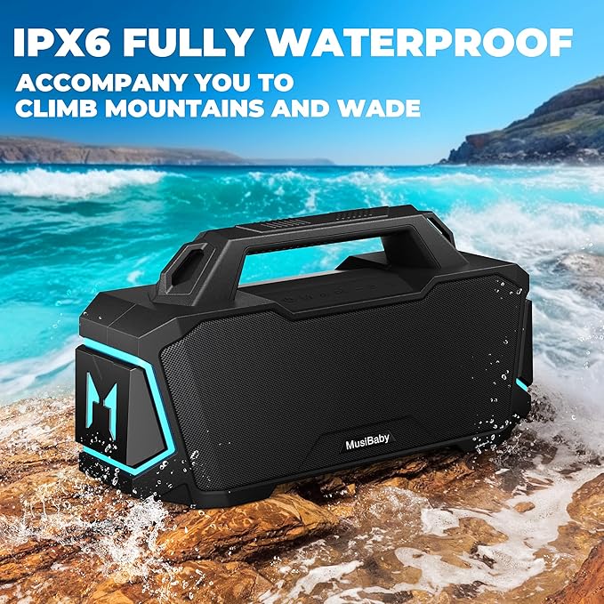 Bluetooth Speaker,Musibaby M1 Portable Bluetooth Speakers:Loud Stereo Sound with Subwoofer,Deep Bass,IPX6 Waterproof,Wireless Speaker with BT5.3,Dual Pairing,20H+ Playtime for Outdoor,Beach(Blk)