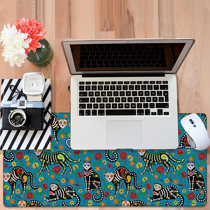 Sugar Skull Black Cats Gaming Mouse Pad 3mm Thick Stitched Edge Waterproof Non-Slip Large Computer Keyboard Mouse Mat,Suitable for Office Entertainment Decorative Desk Pad 35.4 x 15.7 Inches