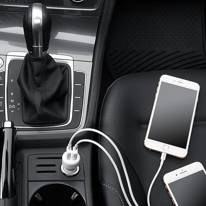 Amazon Basics 24W 2-port USB-A Car Charger for Phones (iPhone 16/15/14/13/12/11/X, Samsung, and more), non-PPS, Black/Red